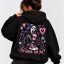 Woman wearing the black Too Ghoul For You hoodie, back view - pink ghost and black cat Halloween hoodie - PrintMyVibe Toronto