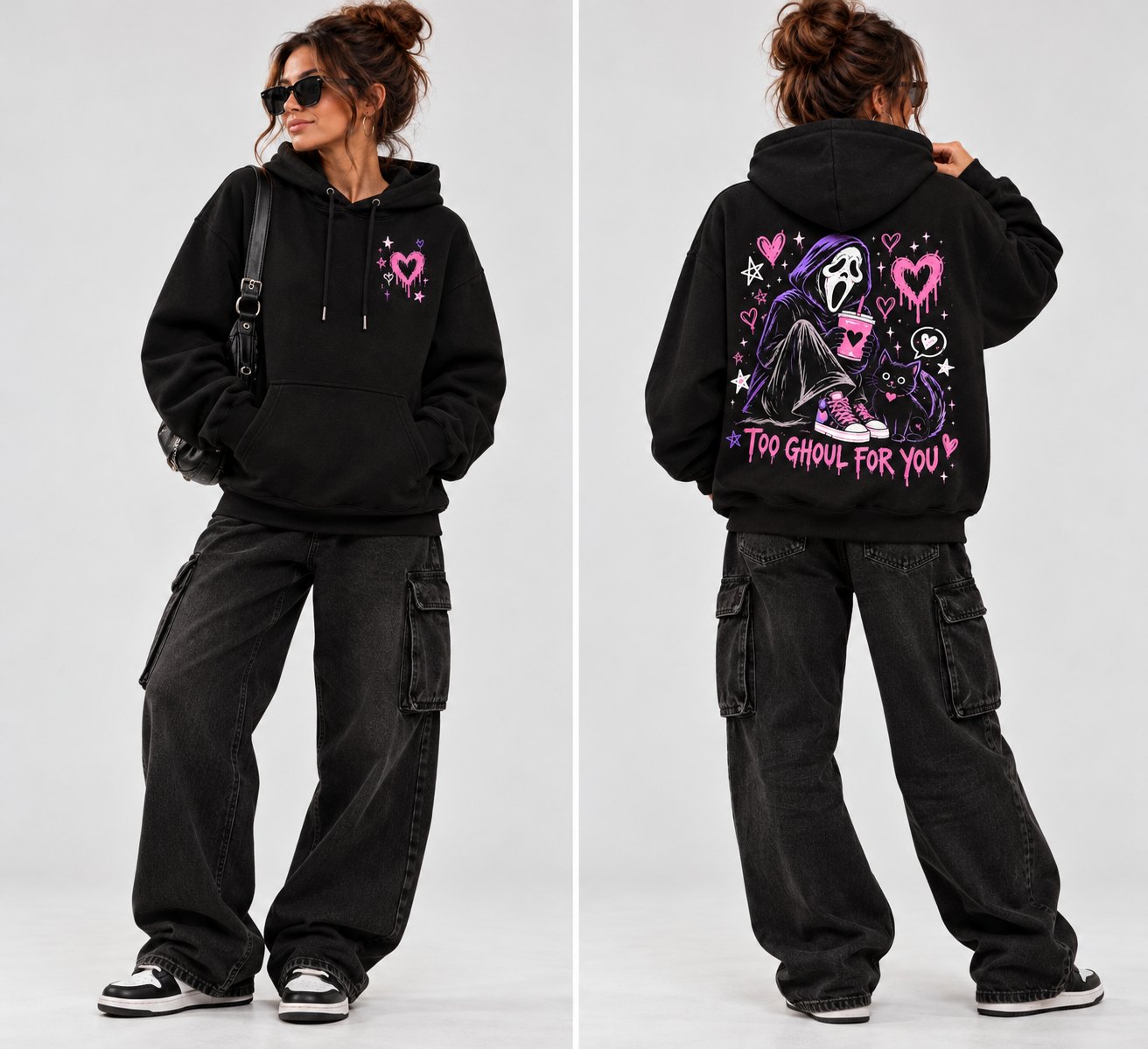 Too Ghoul For You hoodie worn full length, front and back - oversized black Halloween hoodie Toronto