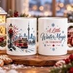 Two Toronto Winter Magic mugs showing both sides on a table with gingerbread and pine - Toronto holiday mug