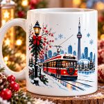 Close-up of the Toronto Winter Magic mug print - streetcar with a wreath, lamppost with holly and the CN Tower