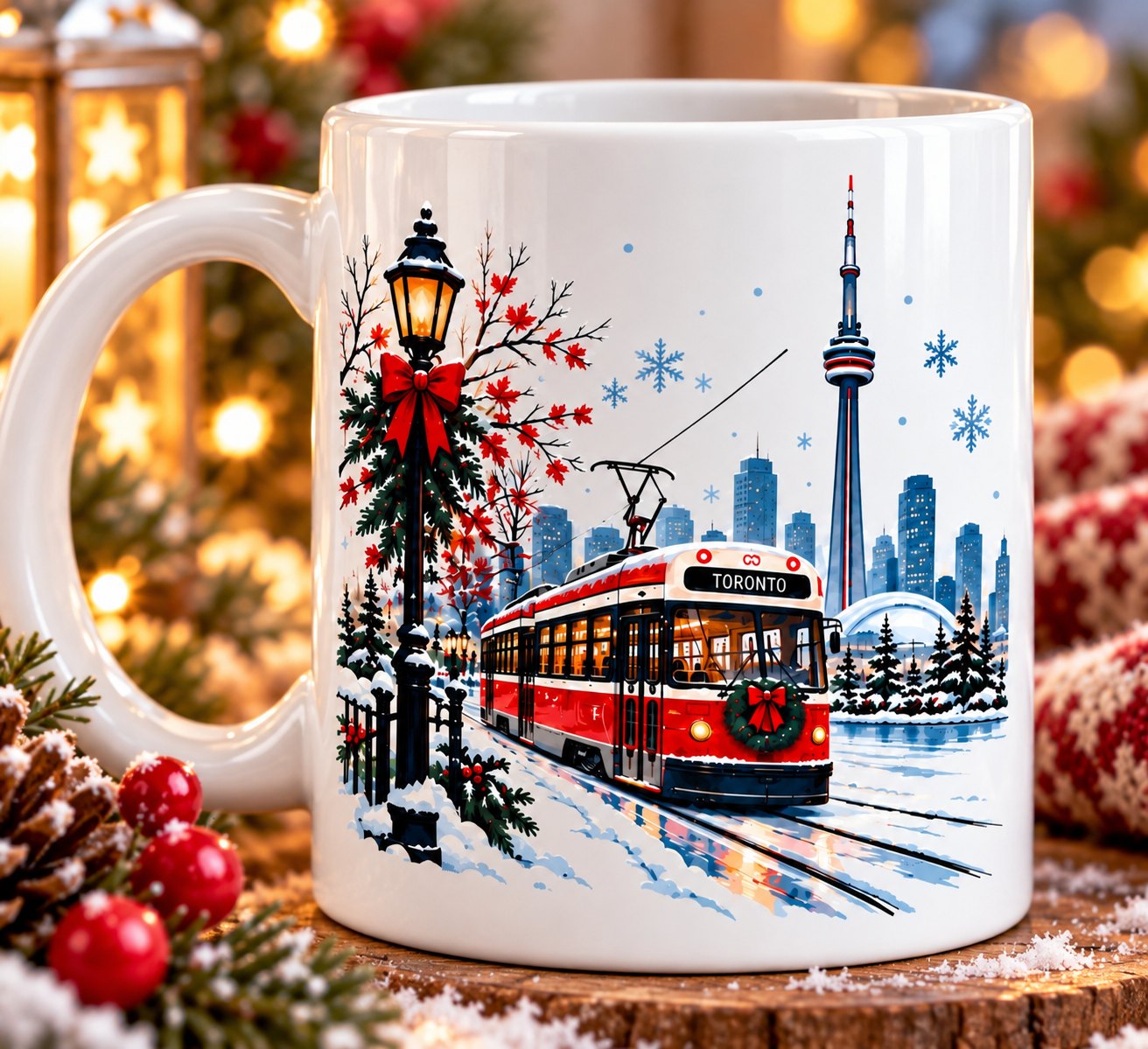 Close-up of the Toronto Winter Magic mug print - streetcar with a wreath, lamppost with holly and the CN Tower