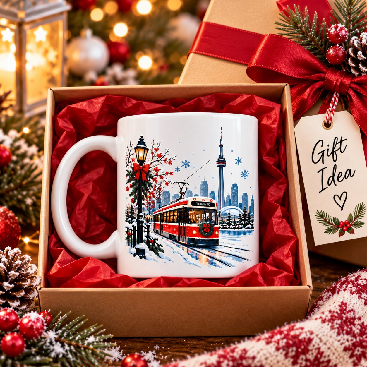 Toronto Winter Magic mug in a gift box with red tissue and a gift tag - Toronto Christmas gift idea