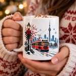 Hands in a knit sweater holding the Toronto Winter Magic mug filled with hot chocolate - Toronto Christmas mug