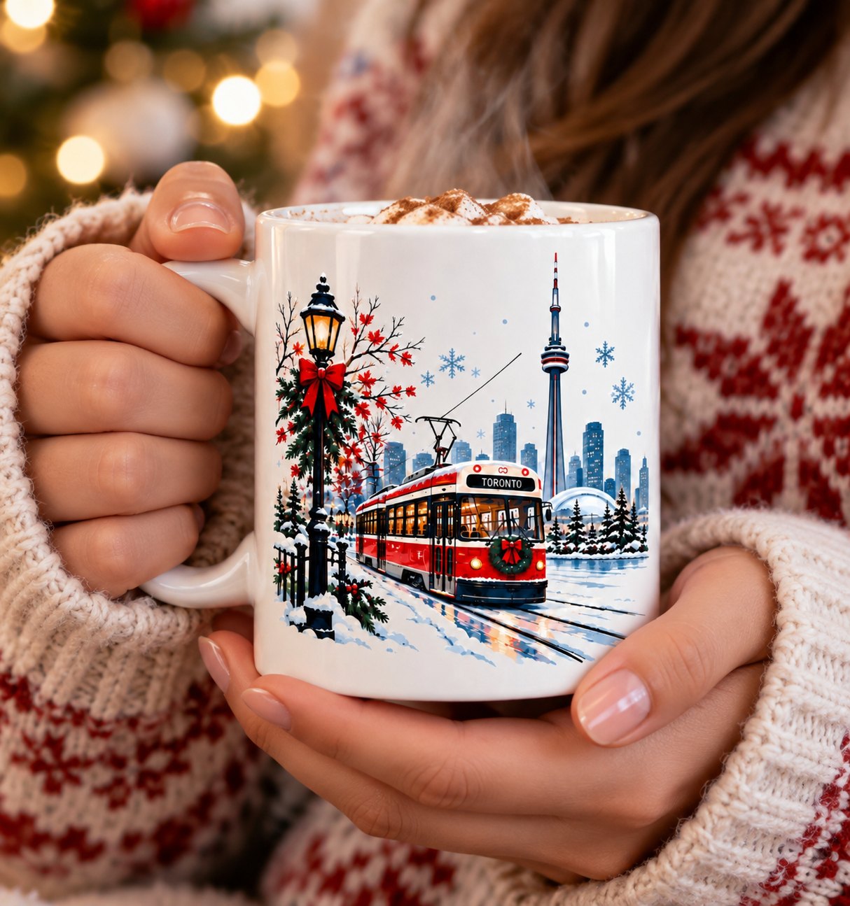 Hands in a knit sweater holding the Toronto Winter Magic mug filled with hot chocolate - Toronto Christmas mug