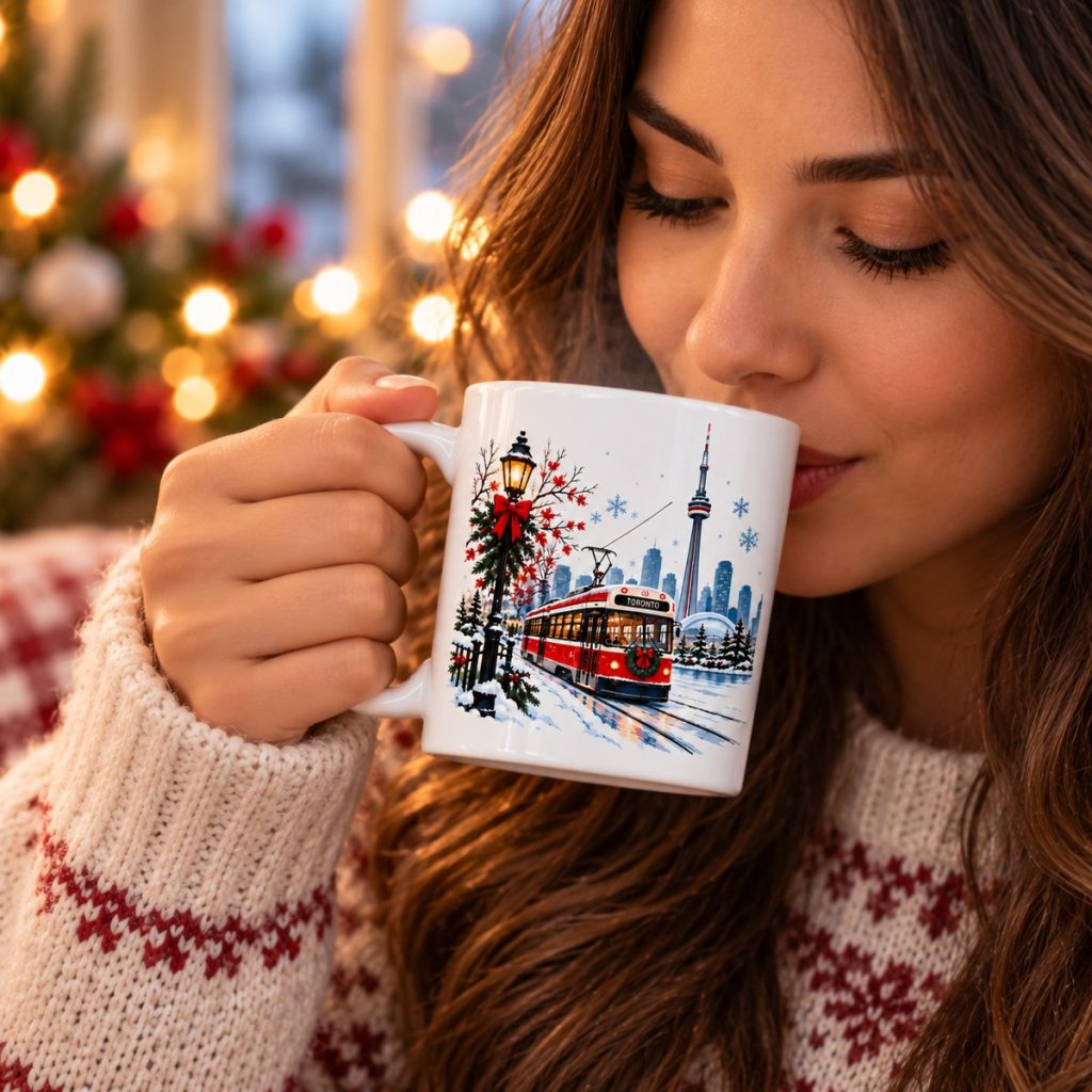 Woman in a Christmas sweater drinking from the Toronto Winter Magic mug - streetcar and CN Tower holiday mug - PrintMyVibe Toronto