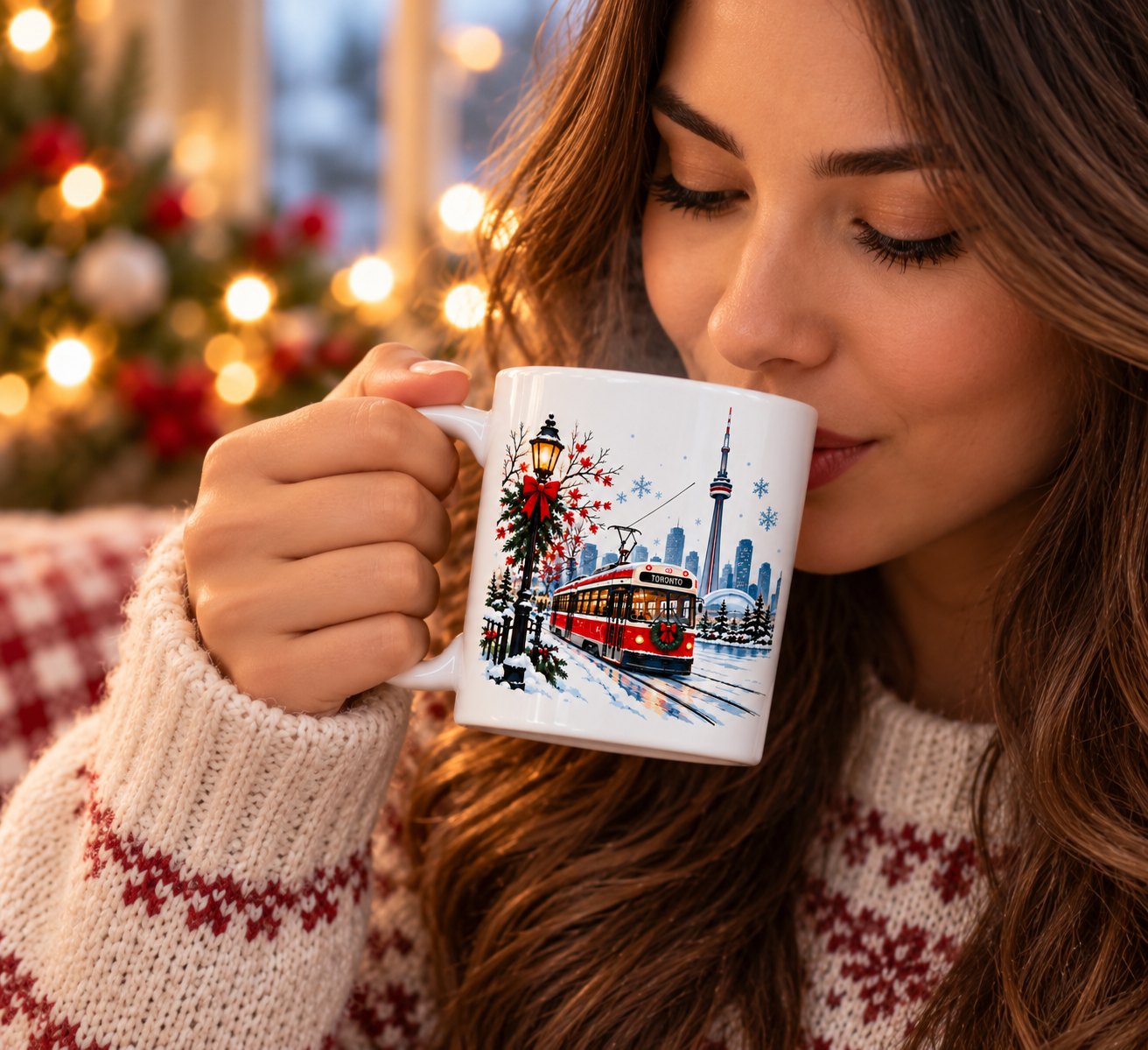 Woman in a Christmas sweater drinking from the Toronto Winter Magic mug - streetcar and CN Tower holiday mug - PrintMyVibe Toronto