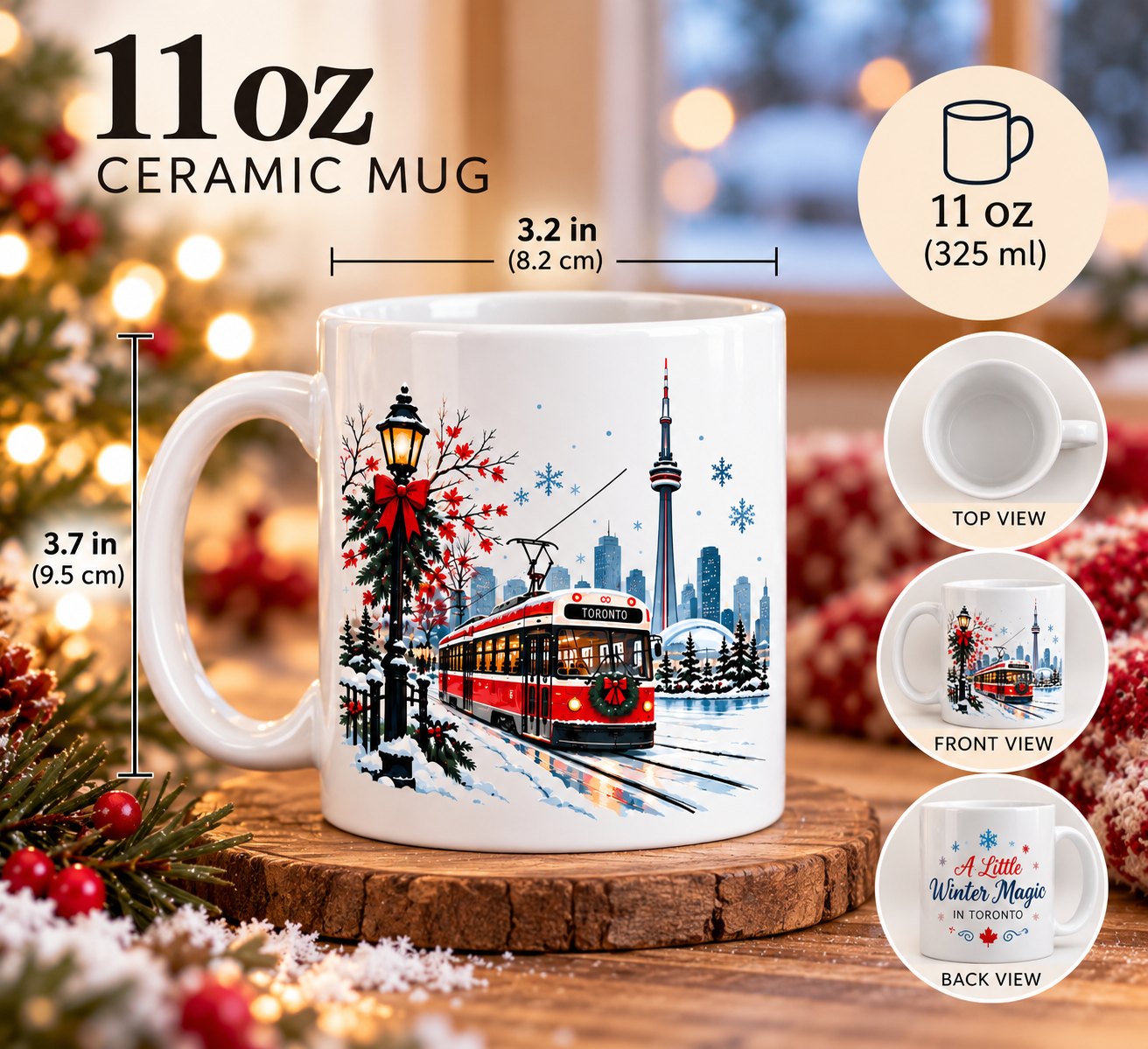 Toronto Winter Magic mug size guide - 11oz, 325ml, 3.7 inches tall by 3.2 inches across with front and back views
