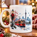 Toronto Winter Magic mug - red streetcar in the snow, holiday lamppost and CN Tower skyline on white ceramic