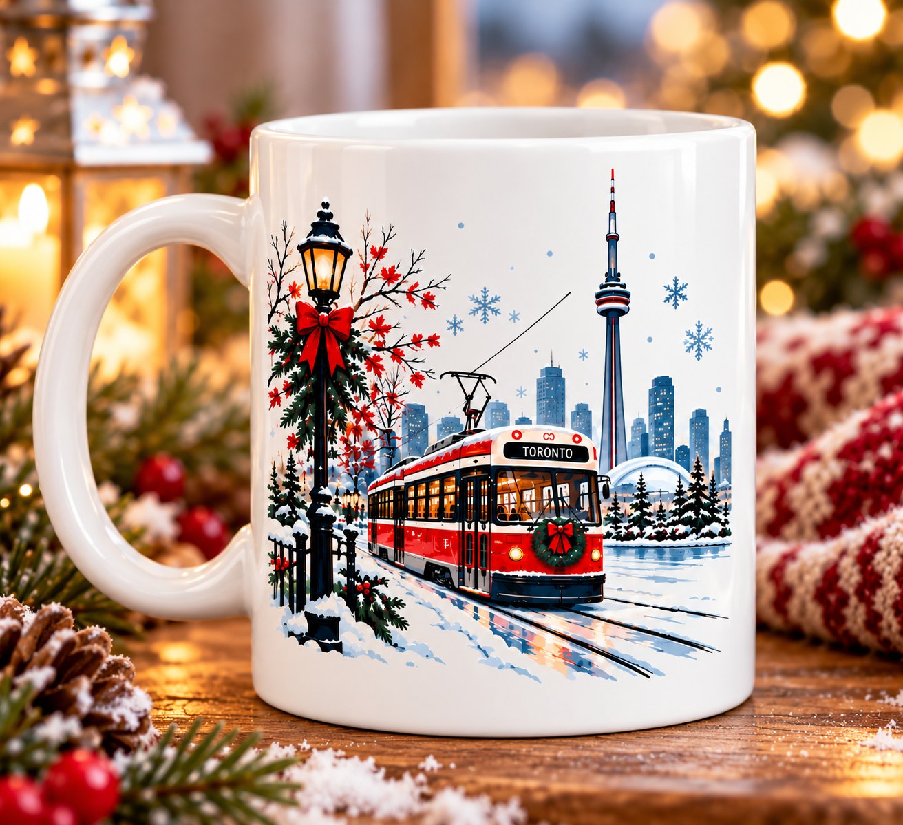 Toronto Winter Magic mug - red streetcar in the snow, holiday lamppost and CN Tower skyline on white ceramic