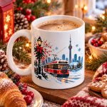 Toronto Winter Magic mug of cocoa with a croissant and Christmas cookies - Toronto winter coffee mug