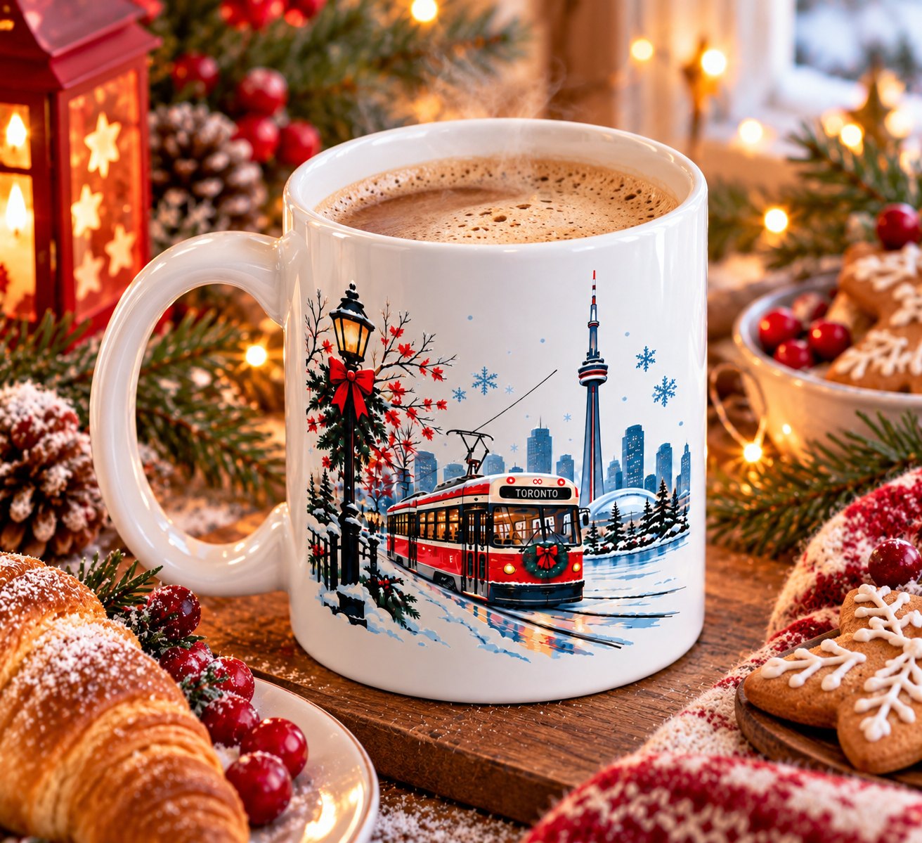 Toronto Winter Magic mug of cocoa with a croissant and Christmas cookies - Toronto winter coffee mug